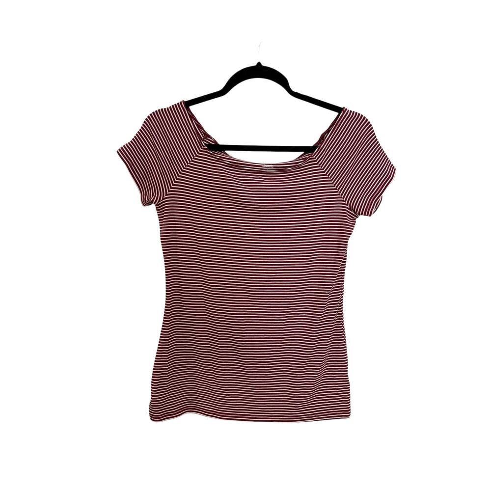 Old Navy Shirt Womens Medium Boat Neck Tee Burgundy White Striped Short Sleeve